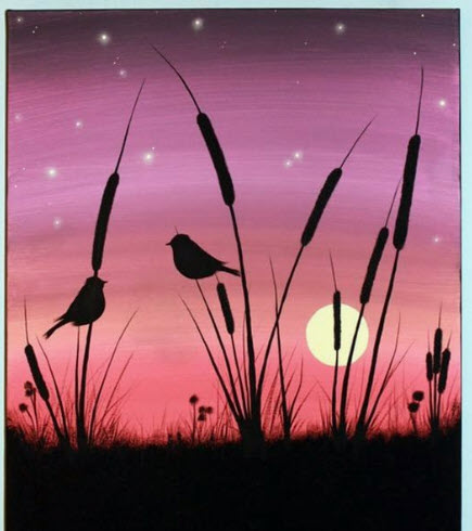 Virtual Paint Night - Birds and Bullrushes