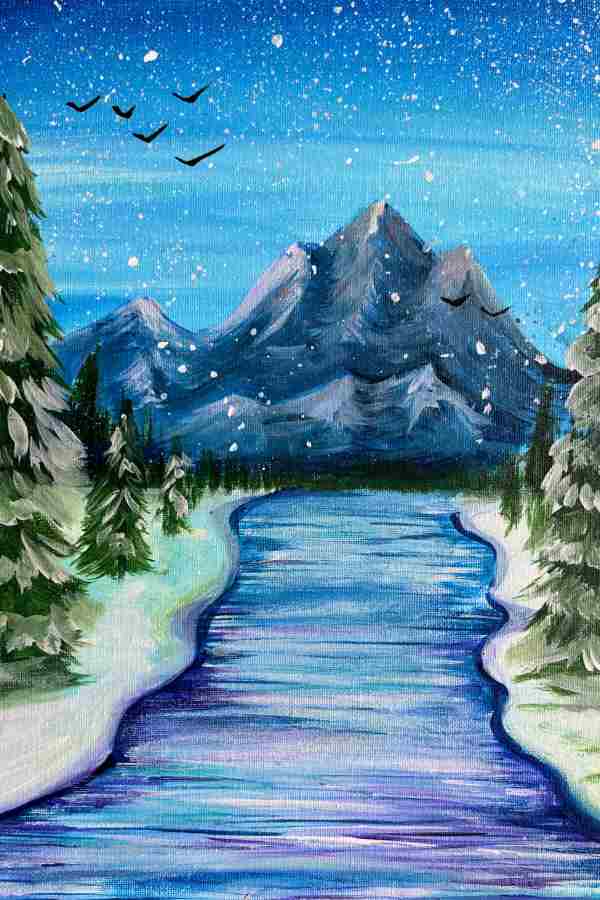 Frozen river through a snowy forest leading to a mountain, acrylic painting portrait orientation
