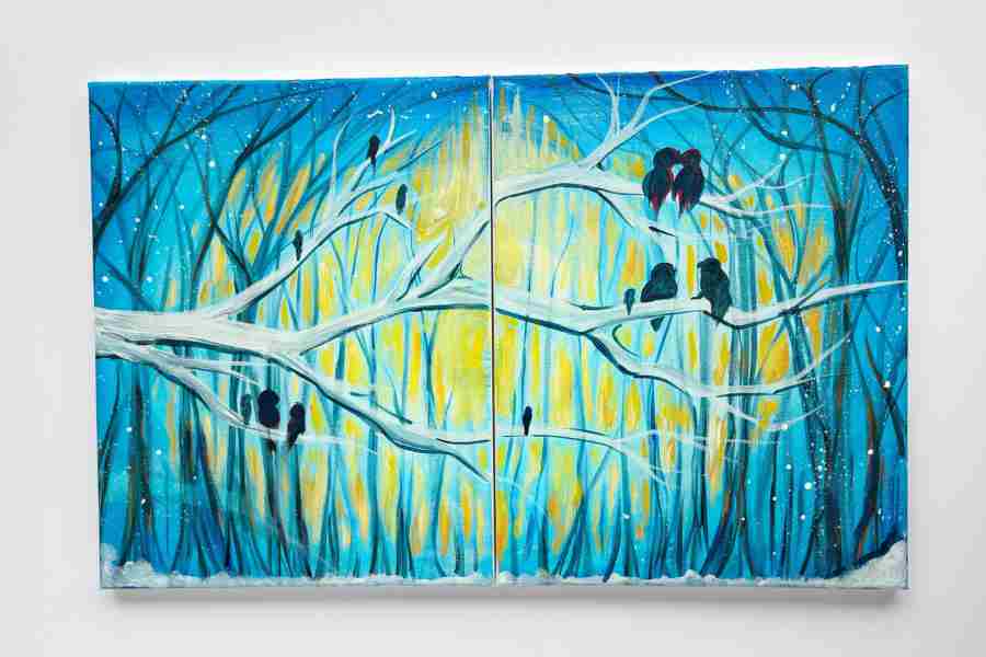 Blue and yellow forest connecting canvases featuring birds in trees.
