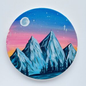 In-Studio Paint Night – Pink Sunset Mountains on Round Canvas Acrylic Painting