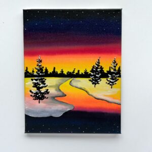 In-Studio Paint Night – Vibrant Sunset Snowy River Acrylic Painting
