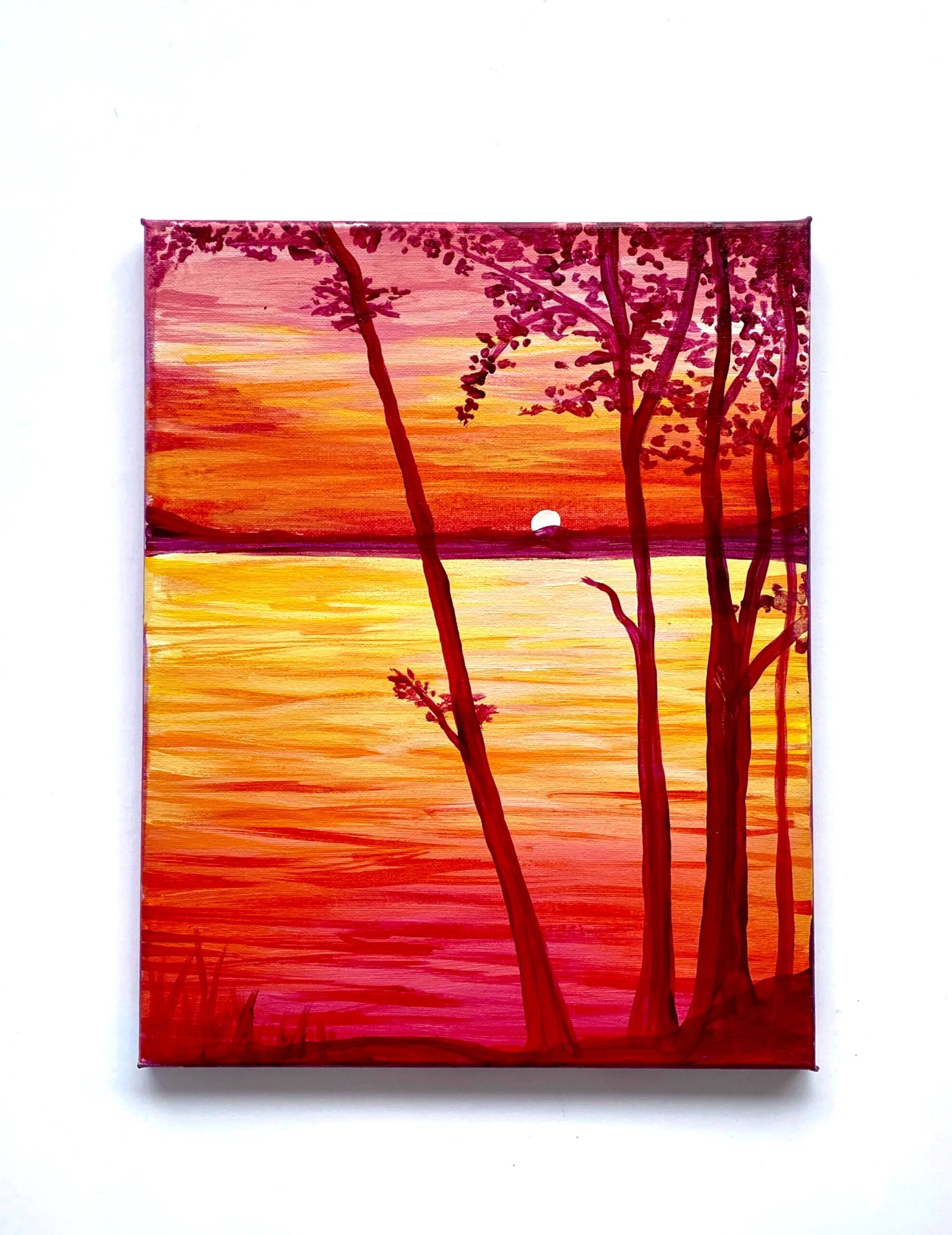 In-Studio Paint Night - Maroon Sunset by the Lake Acrylic Painting