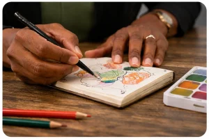 Hands drawing in a sketchbook with art supplies, showing creative appreciation gifts for employees that support wellness and relaxation.